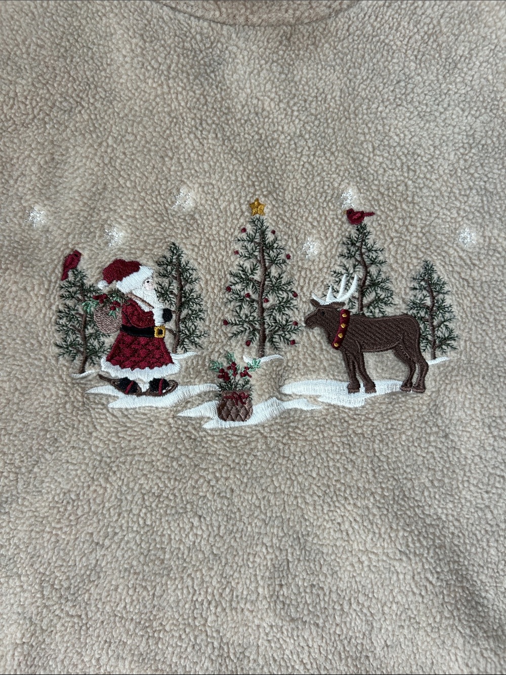 VINTAGE Beige Holiday Fleece Sweater with Embroidered Winter Scene - Picture 2 of 3